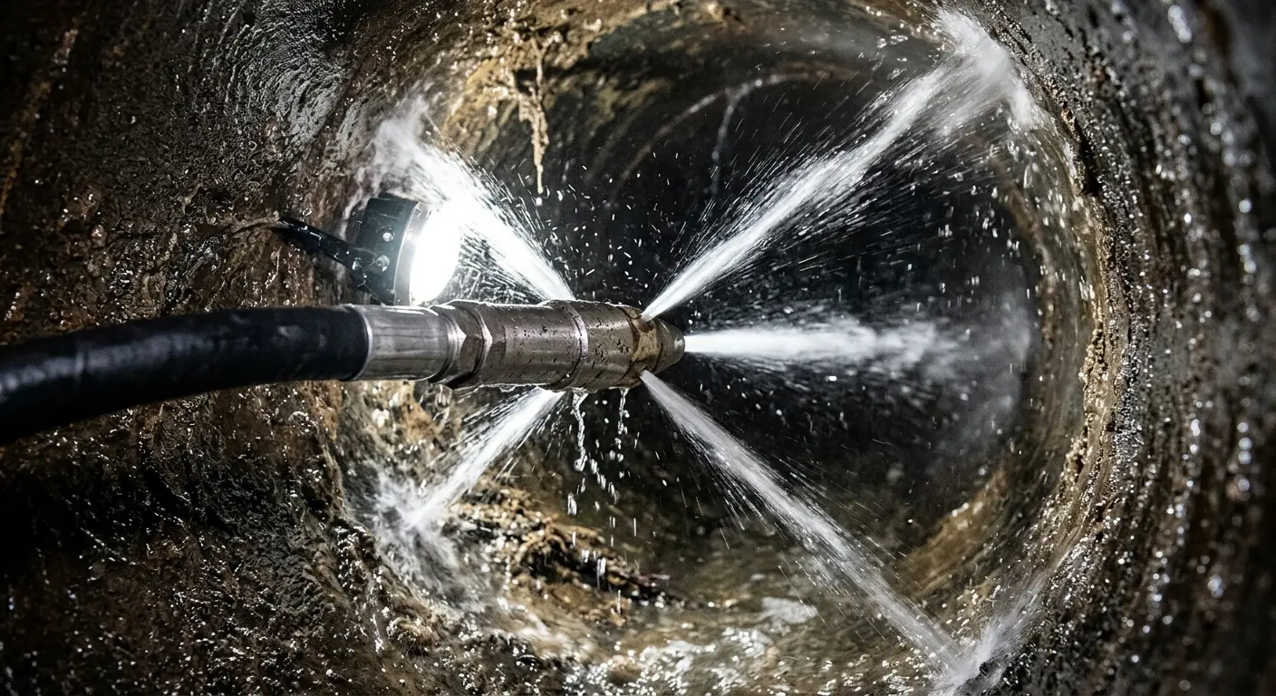 High-pressure hydro jetting nozzle cleaning sewer pipe for Trenchless Sewer Repair in Canonsburg