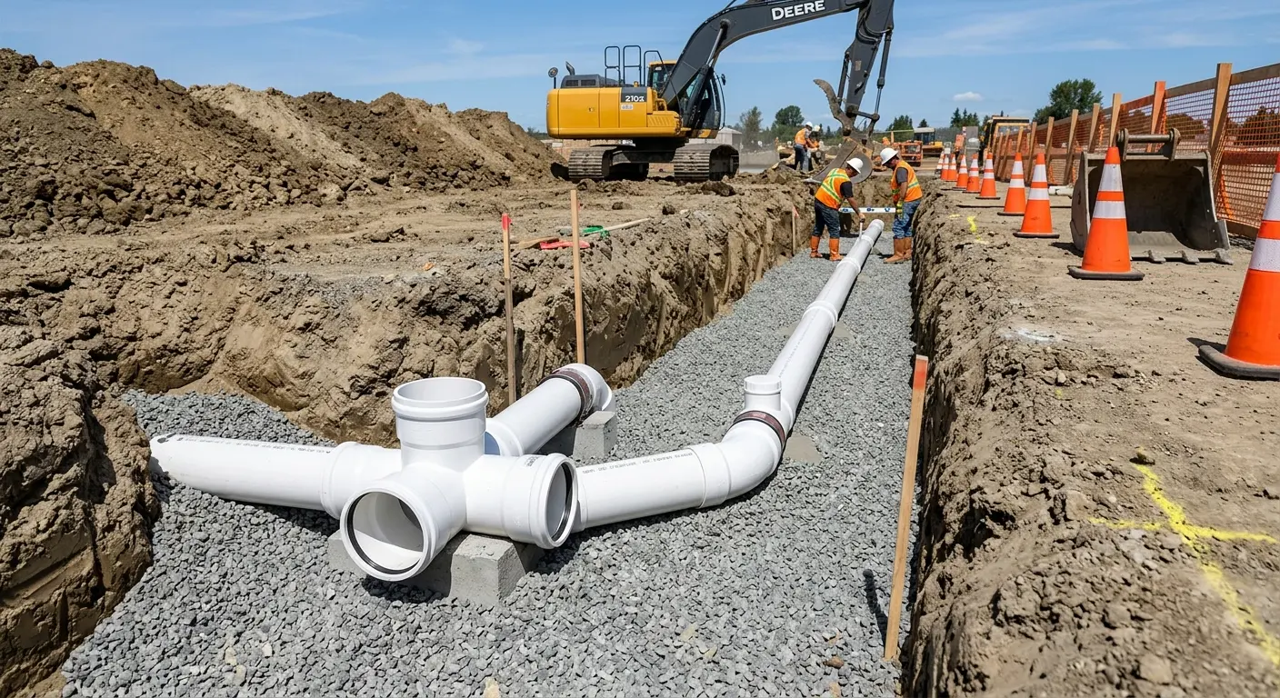 New PVC sewer pipe installation in open trench for Commercial Drain Cleaning in Canonsburg