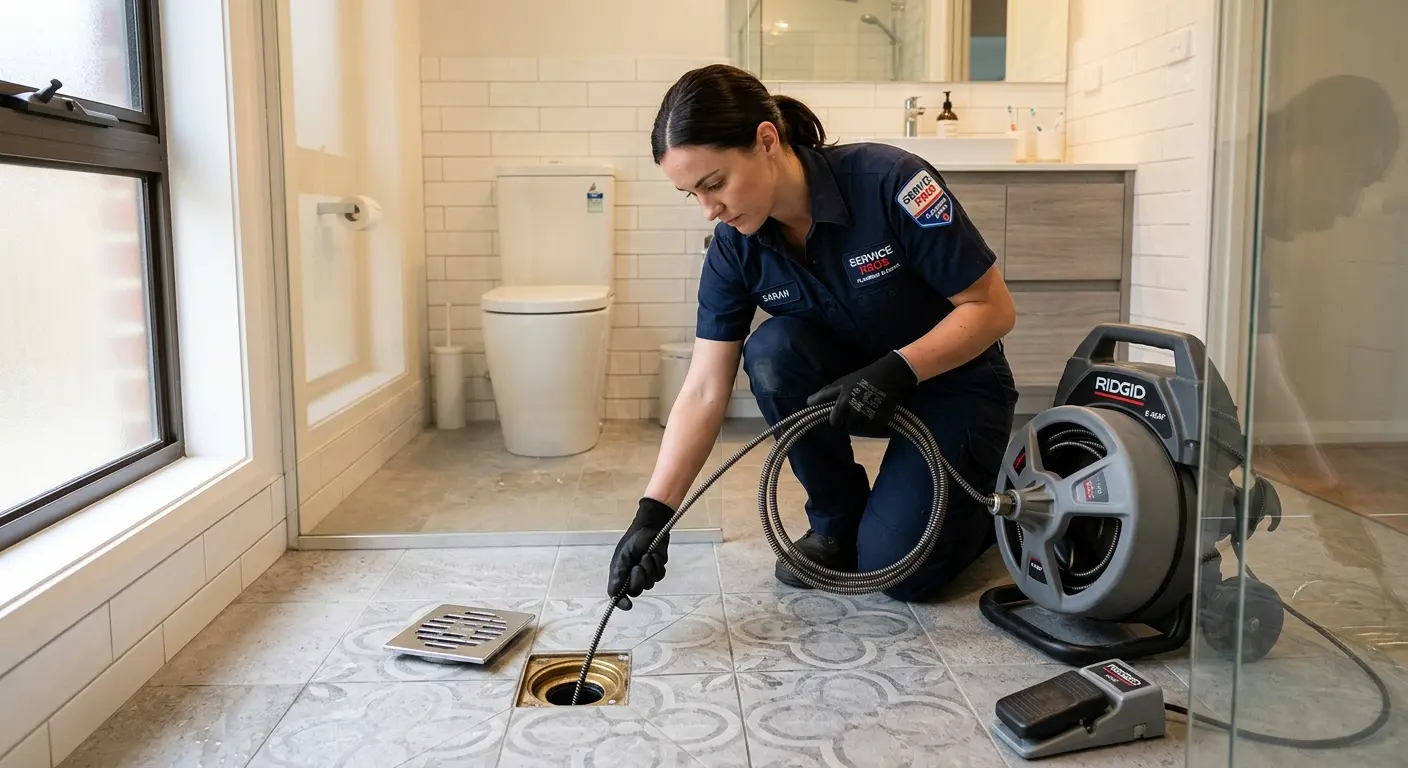 Technician clearing a bathroom floor drain for Sewer Line Replacement in Canonsburg